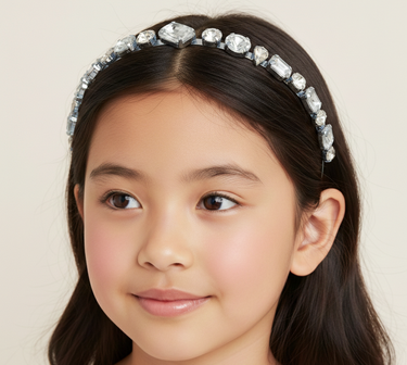 Young girl wearing a decorative headband with crystals on a plain background