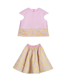 Girls pink mikado top with sculpted sleeves and brocade hem – Buttercup Set