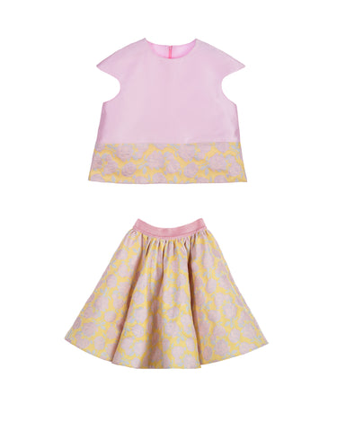 Girls pink mikado top with sculpted sleeves and brocade hem – Buttercup Set
