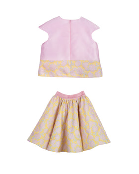 Girls yellow and pink floral brocade skirt with flared silhouette – Buttercup Set