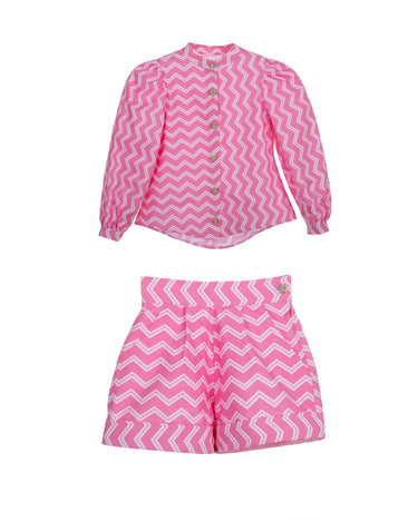 Girls pink zigzag long-sleeve cotton shirt with crystal buttons – Strawberry Pop Set
