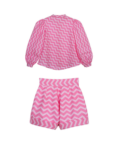 Girls pink zigzag long-sleeve cotton shirt with crystal buttons – Strawberry Pop Set